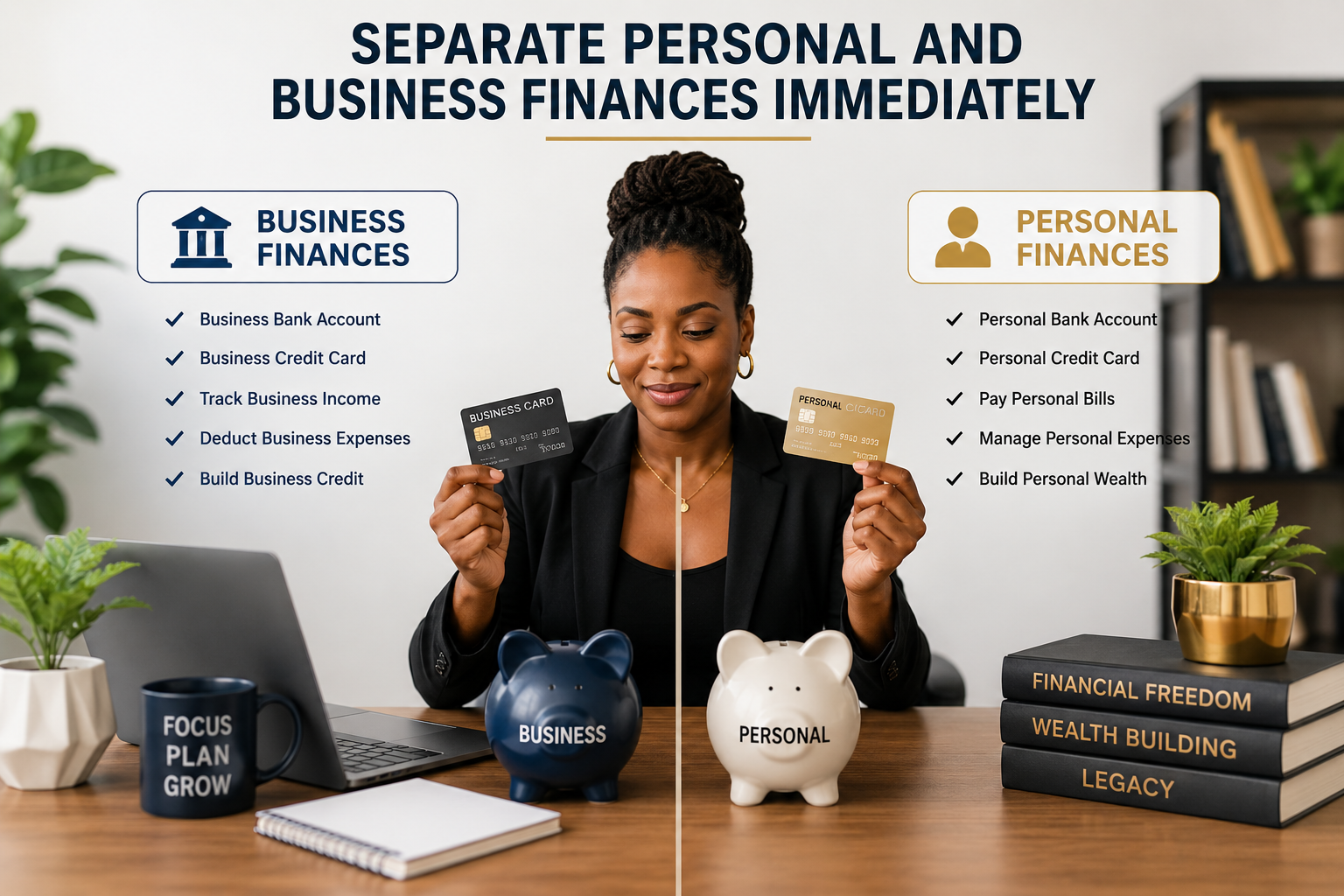 Black entrepreneur managing finances at a modern office desk with laptop and reports.