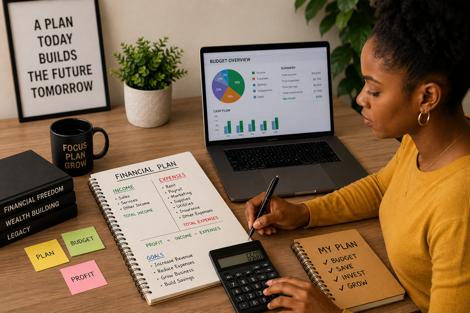 Black entrepreneur creating a budget and financial plan at a modern office desk.