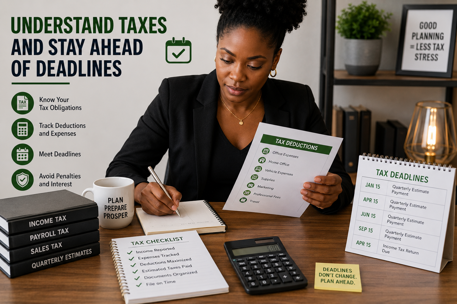 Black entrepreneur reviewing tax documents and deadlines at an organized office desk.