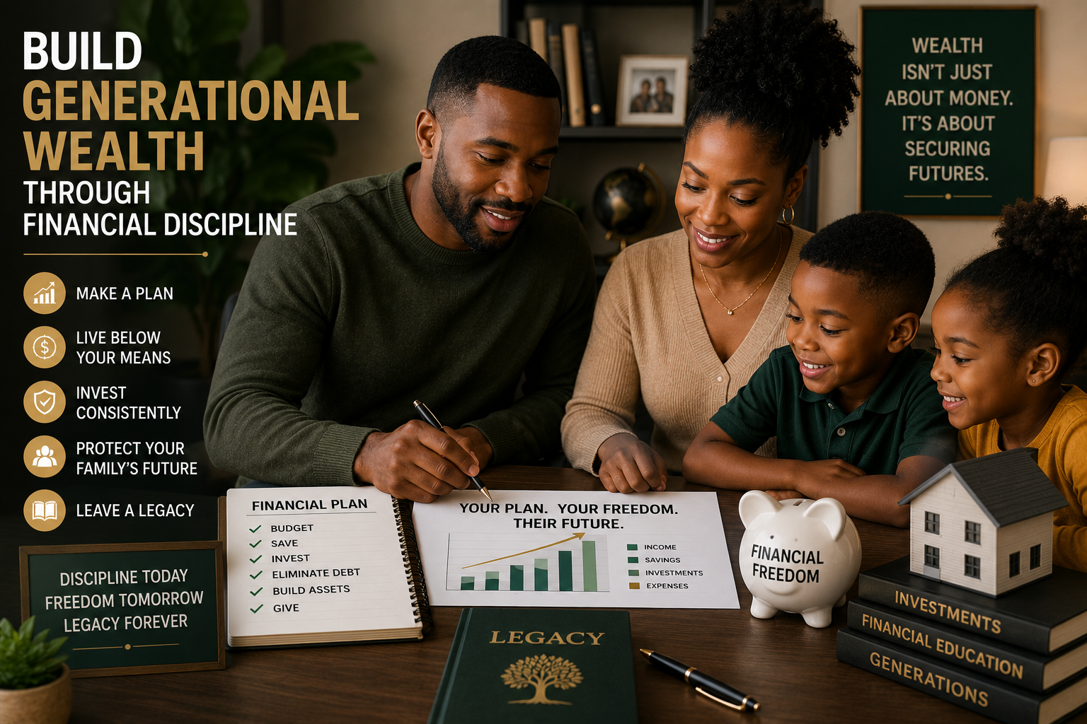 Black family planning finances together to build generational wealth and financial freedom.