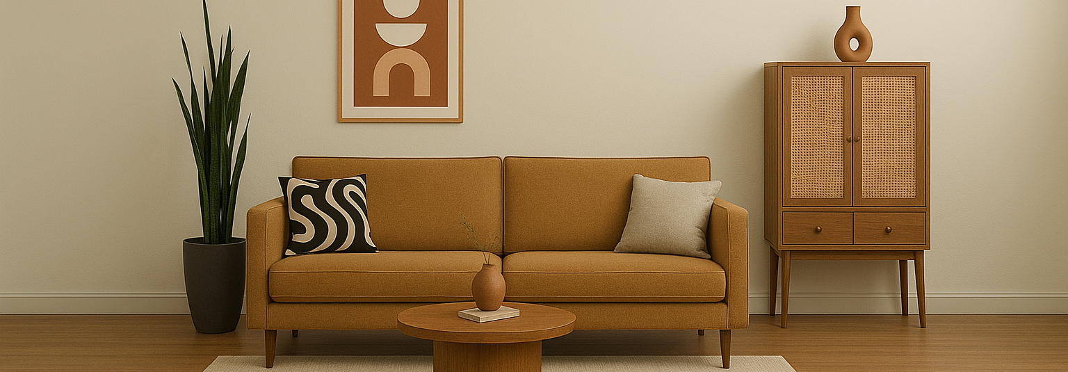 Minimalist living room with tan sofa, patterned pillow, small round table, and wood cabinet against a beige wall