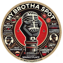 Circular “MyBrotha Spot” logo with a microphone, red center, and words for black enterprise, marketplace, and community unity