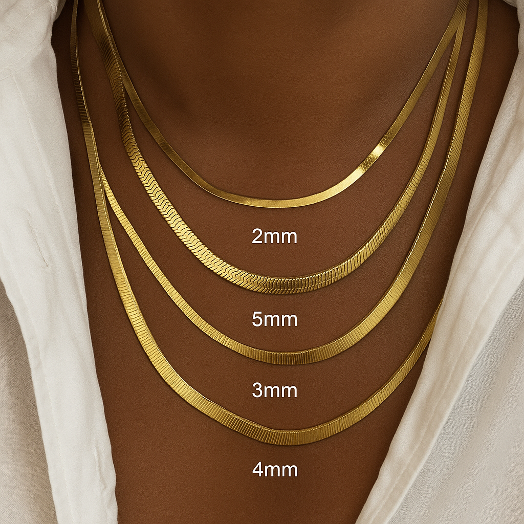 Gold layered necklaces with 2mm, 5mm, 3mm, and 4mm labels on a neckline