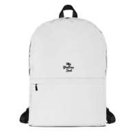 Person holding a white backpack, wearing a dark hoodie, black pants, and black sneakers on a white background