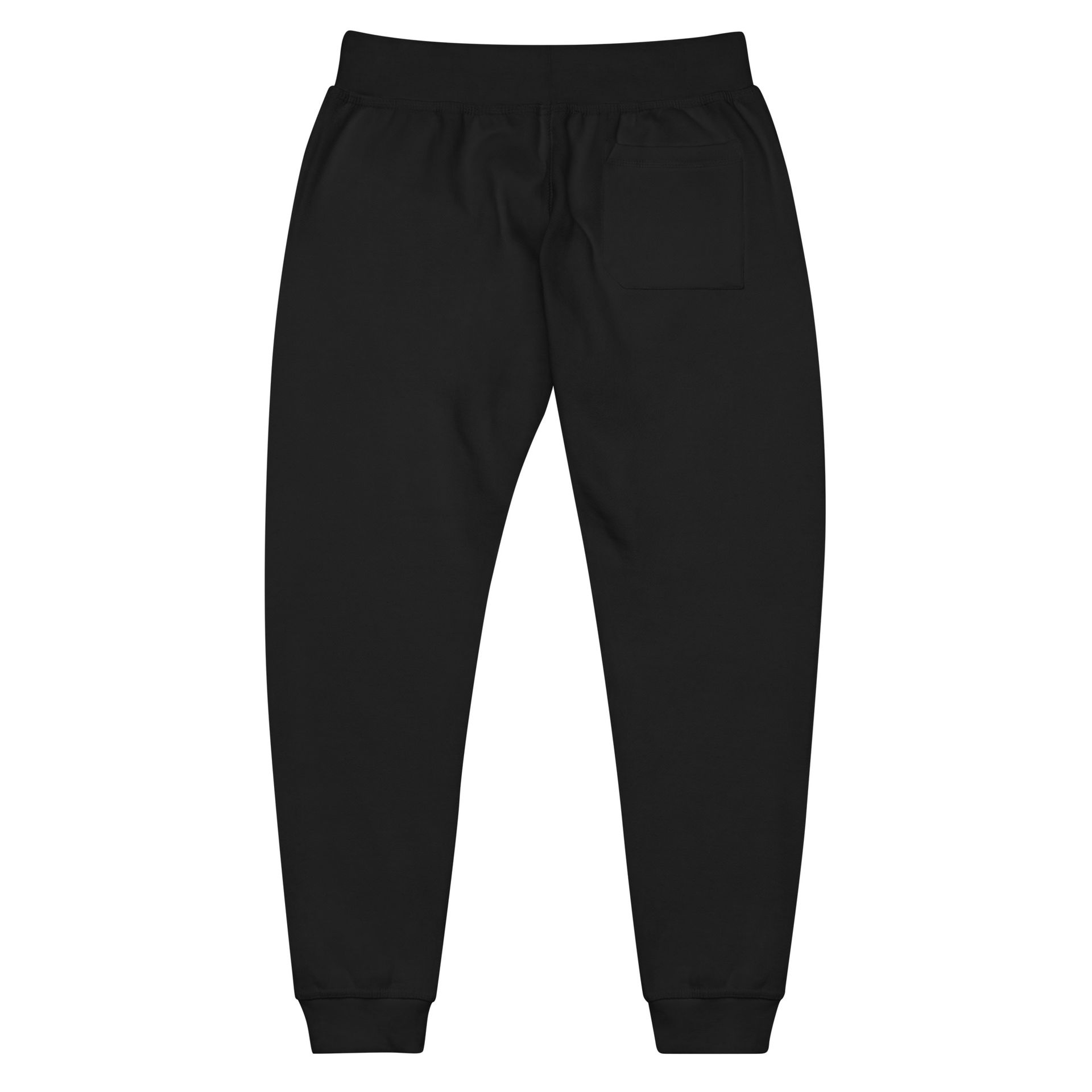 Black jogger pants with an elastic waist and white “MBS” logo on the lower leg