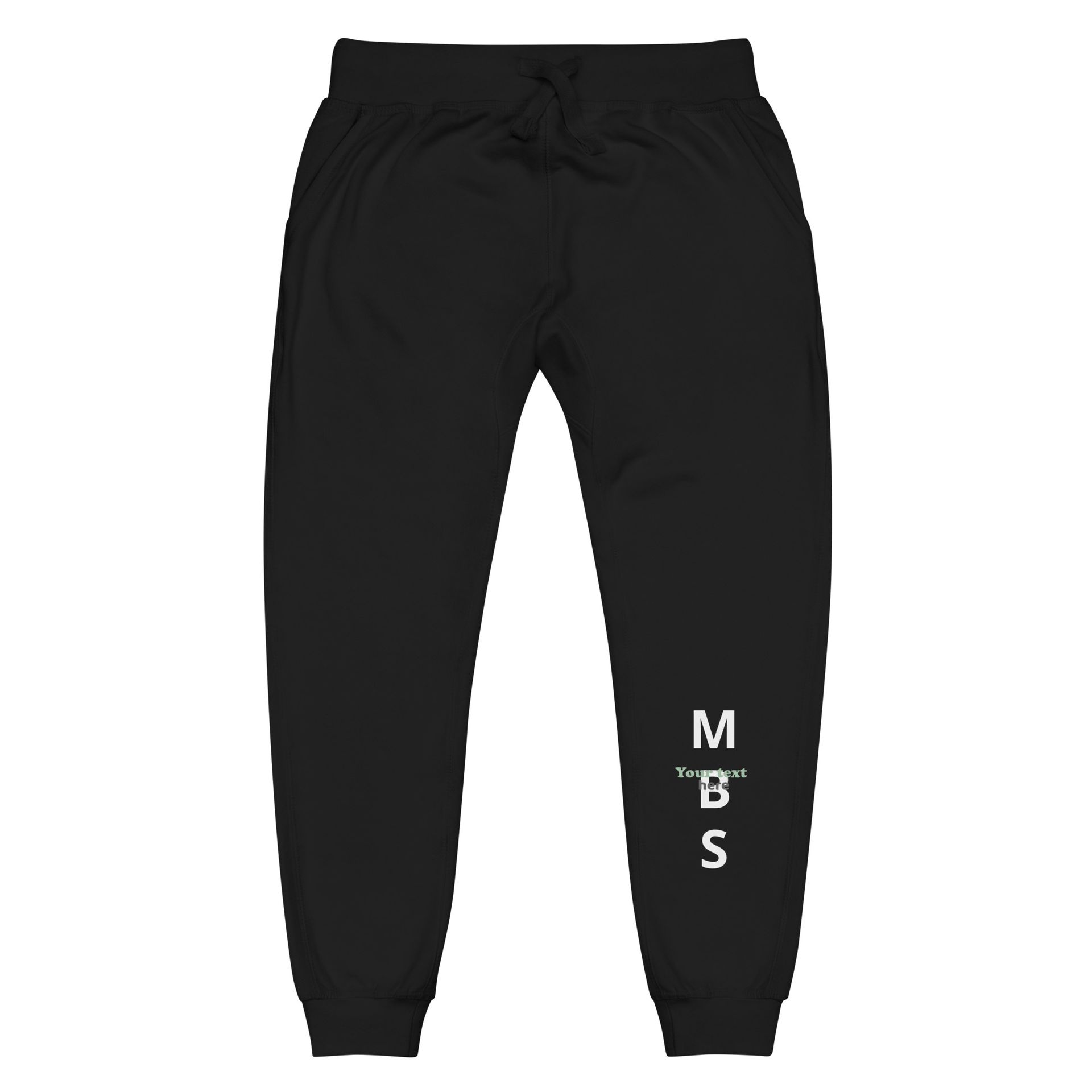Black jogger pants with an elastic waist and white “MBS” logo on the lower leg