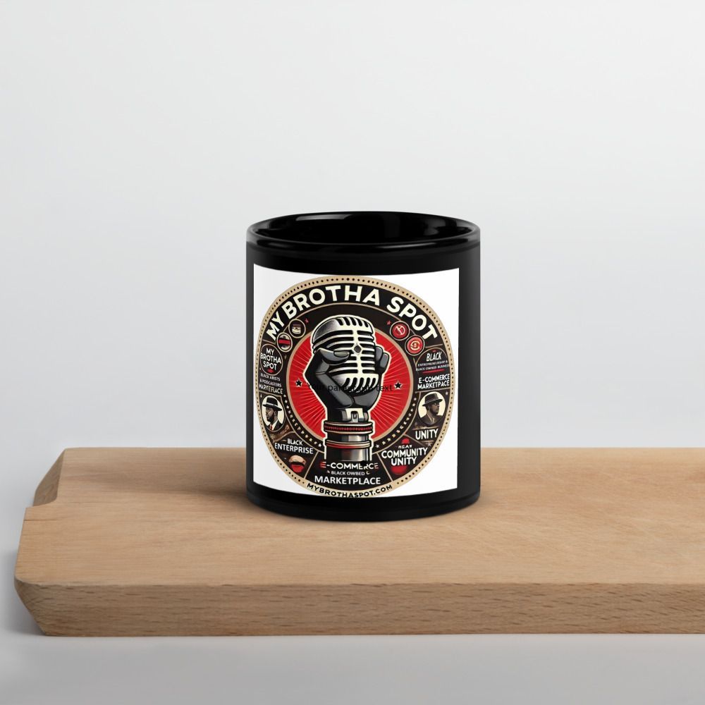 Black jar candle with a red-and-white label on a wooden shelf