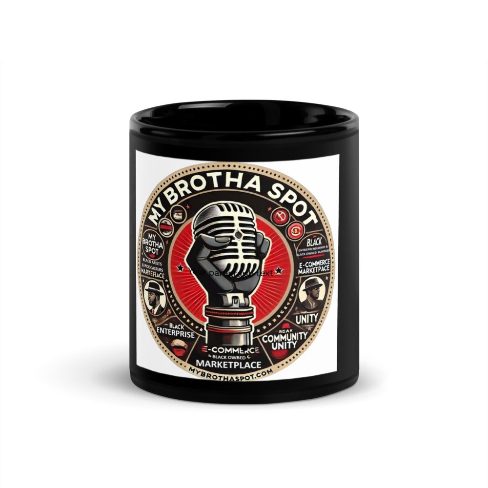 Black jar candle with a red-and-white label on a wooden shelf