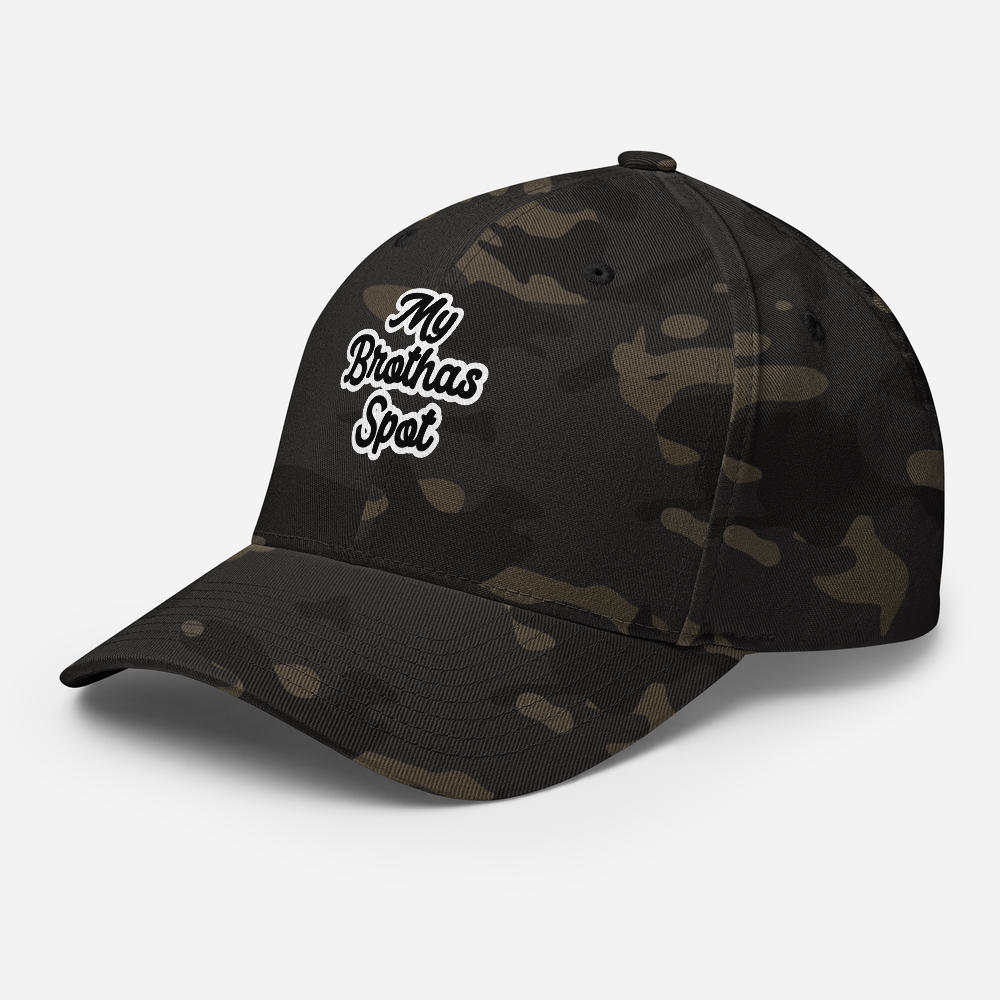 Black camo baseball cap with “My Brother Spot” embroidered on the front
