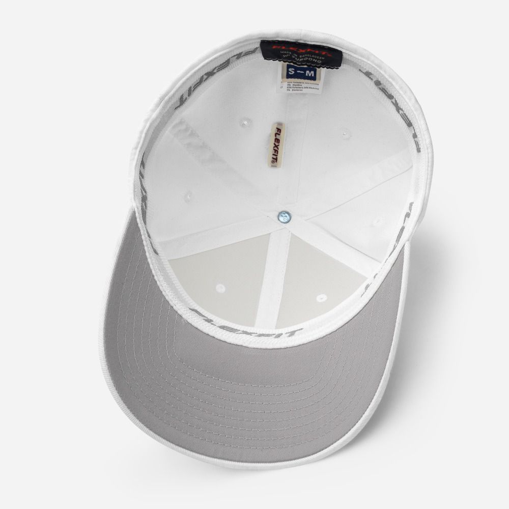 White baseball cap viewed from above with a gray brim and adjustable strap visible inside