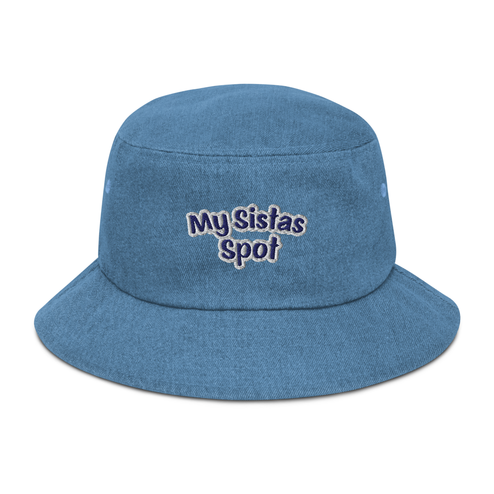Blue bucket hat with “My Sister Spot” text on the front.