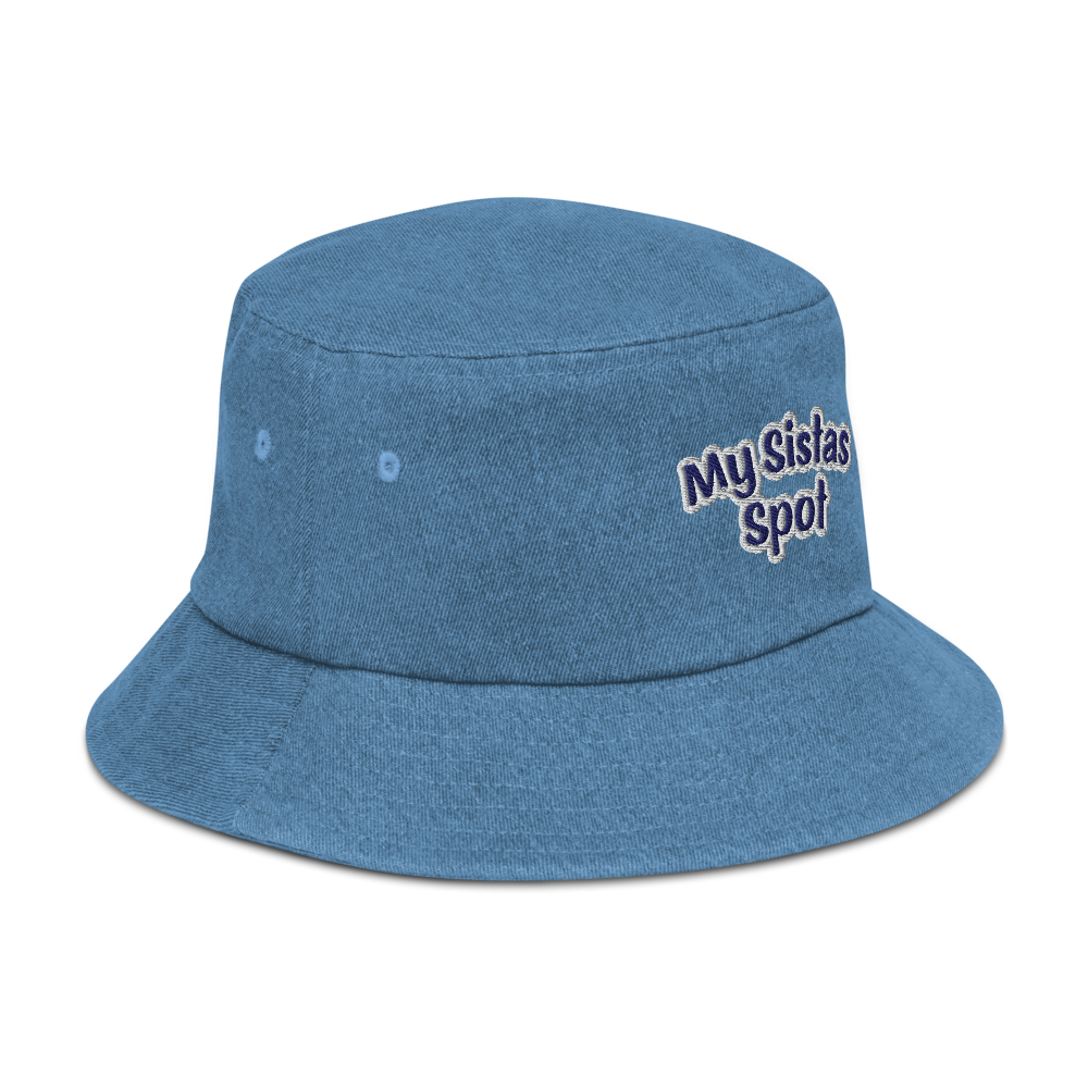 Blue bucket hat with “My Sister Spot” text on the front.