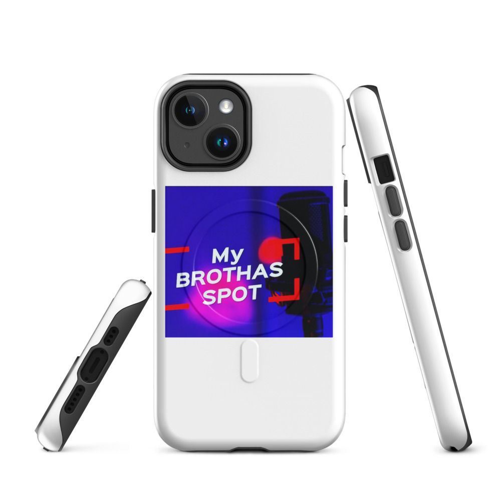 White phone case with a blue-purple “My BROTHAS SPOT” graphic and black camera cutout