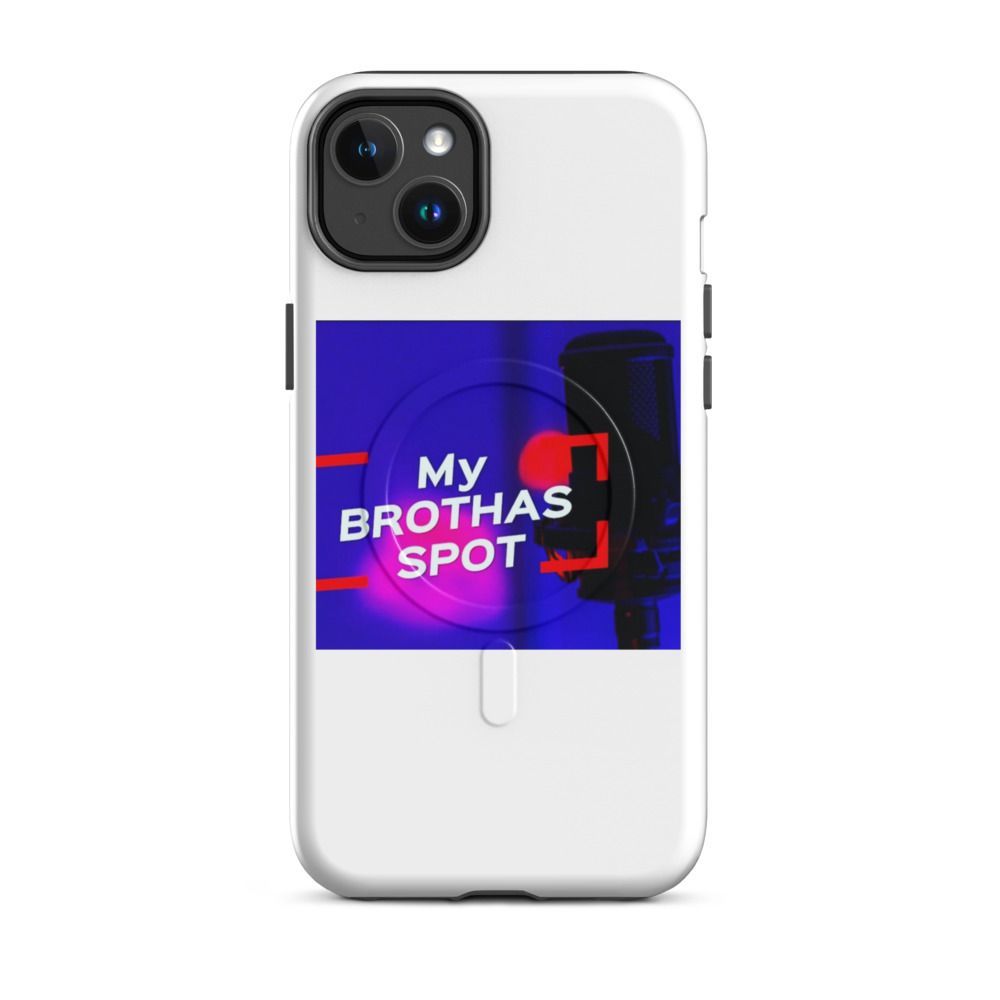 White phone case with a blue-purple “My BROTHAS SPOT” graphic and black camera cutout