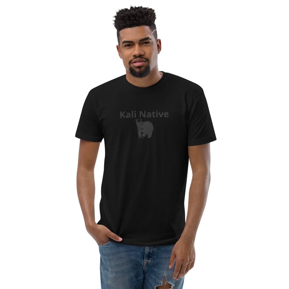 Man wearing a black “Kali Native” T-shirt and blue jeans on a white background