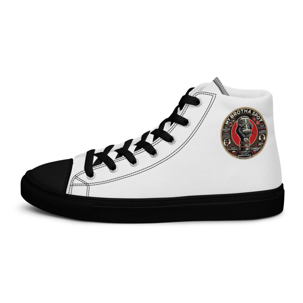 White high-top sneaker with black laces, toe cap, sole, and a circular red-and-black patch logo on the ankle
