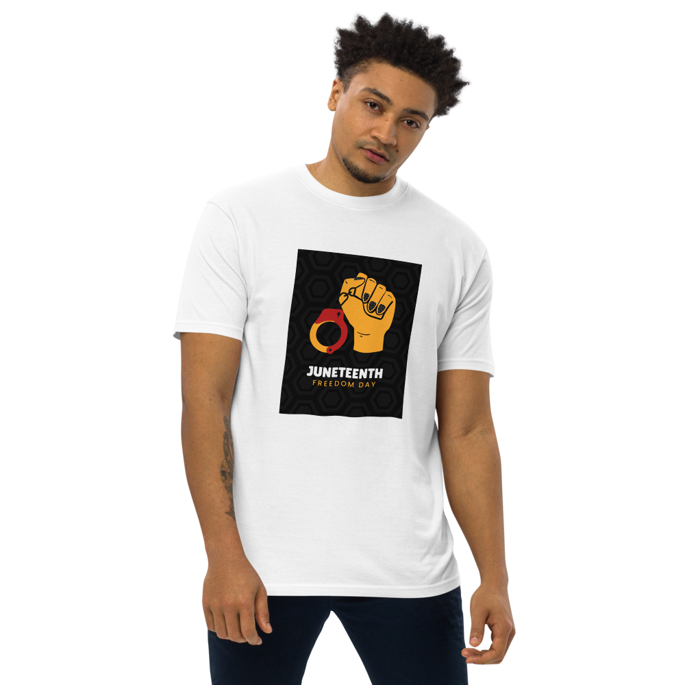 Model wearing a white T-shirt with a black graphic and raised fist design on the front