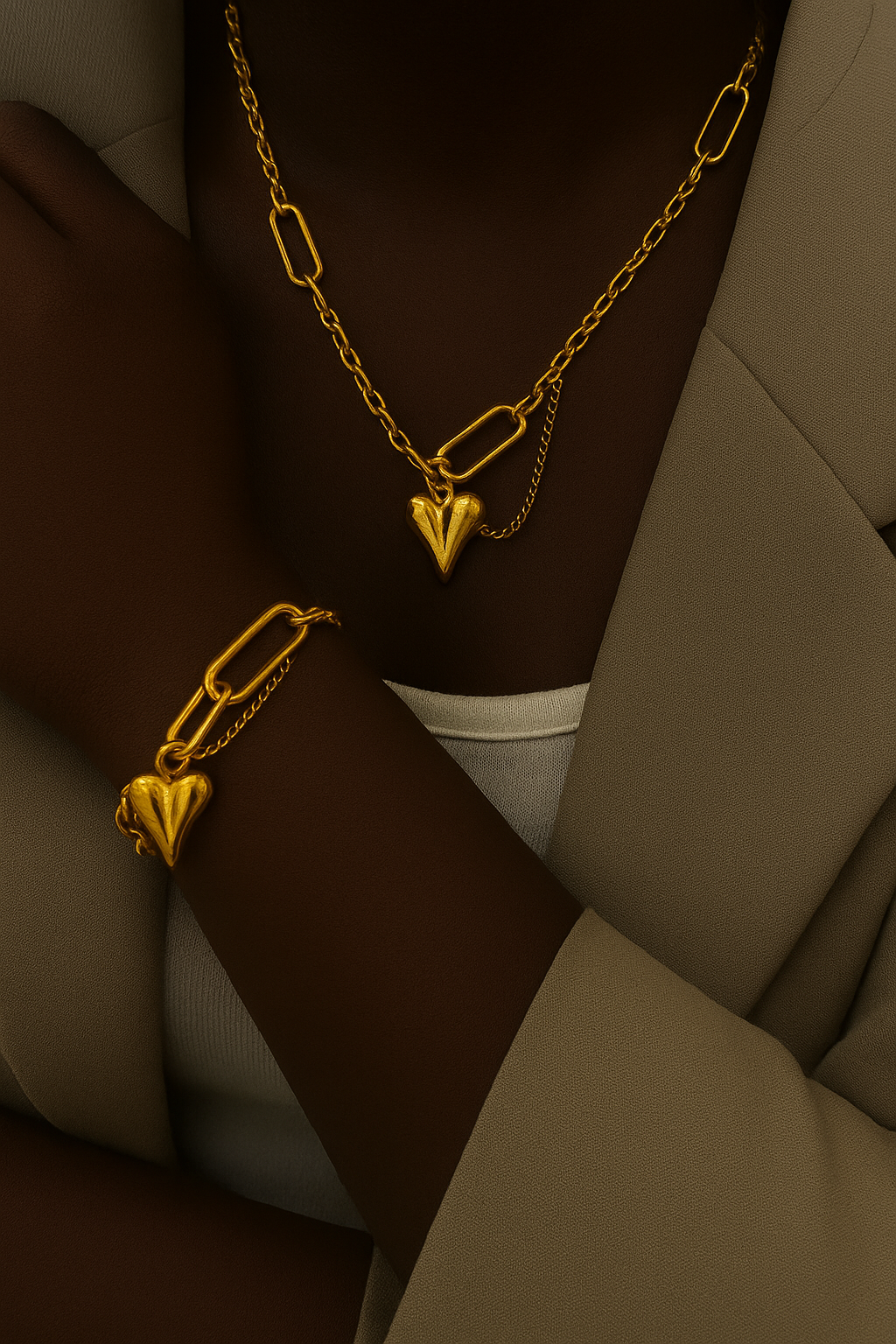 Close-up of a person wearing layered gold necklaces, a bracelet, and a beige jacket over a white top.