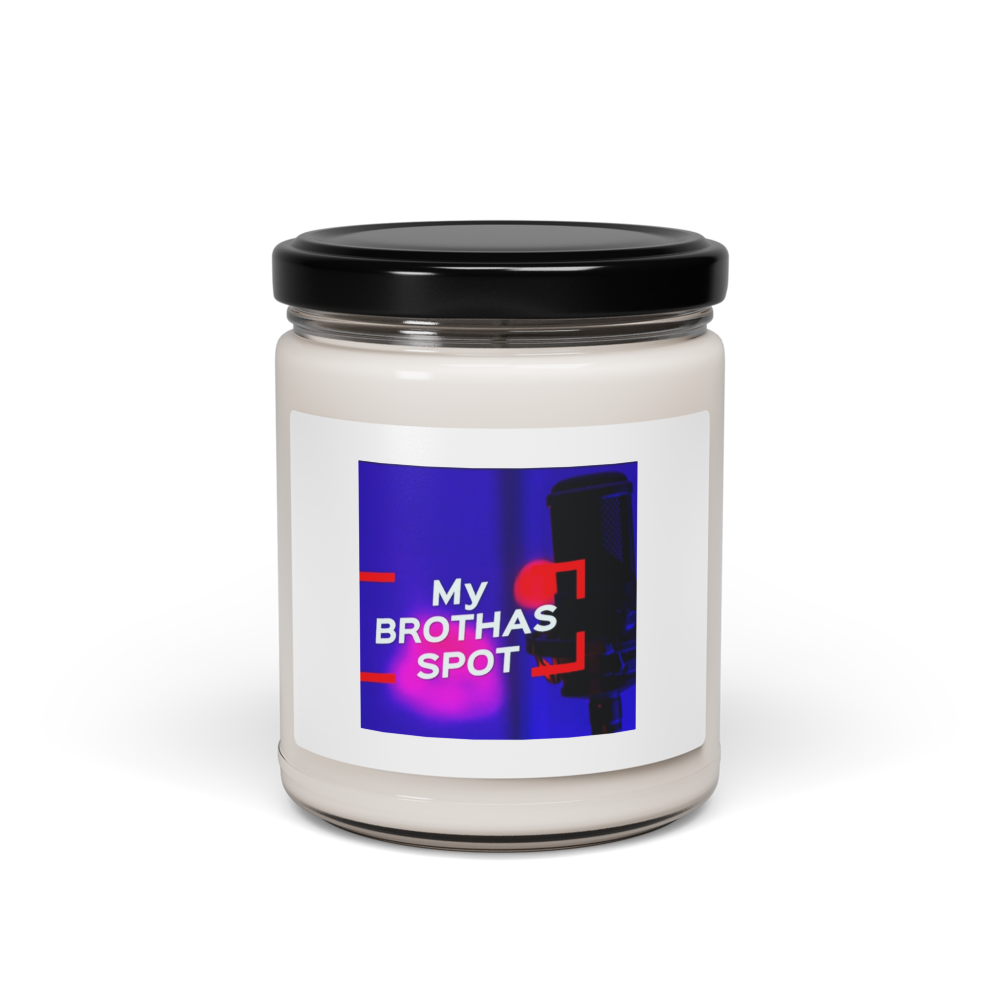 Glass jar with black lid and a colorful label reading “My Brother’s Spot.”