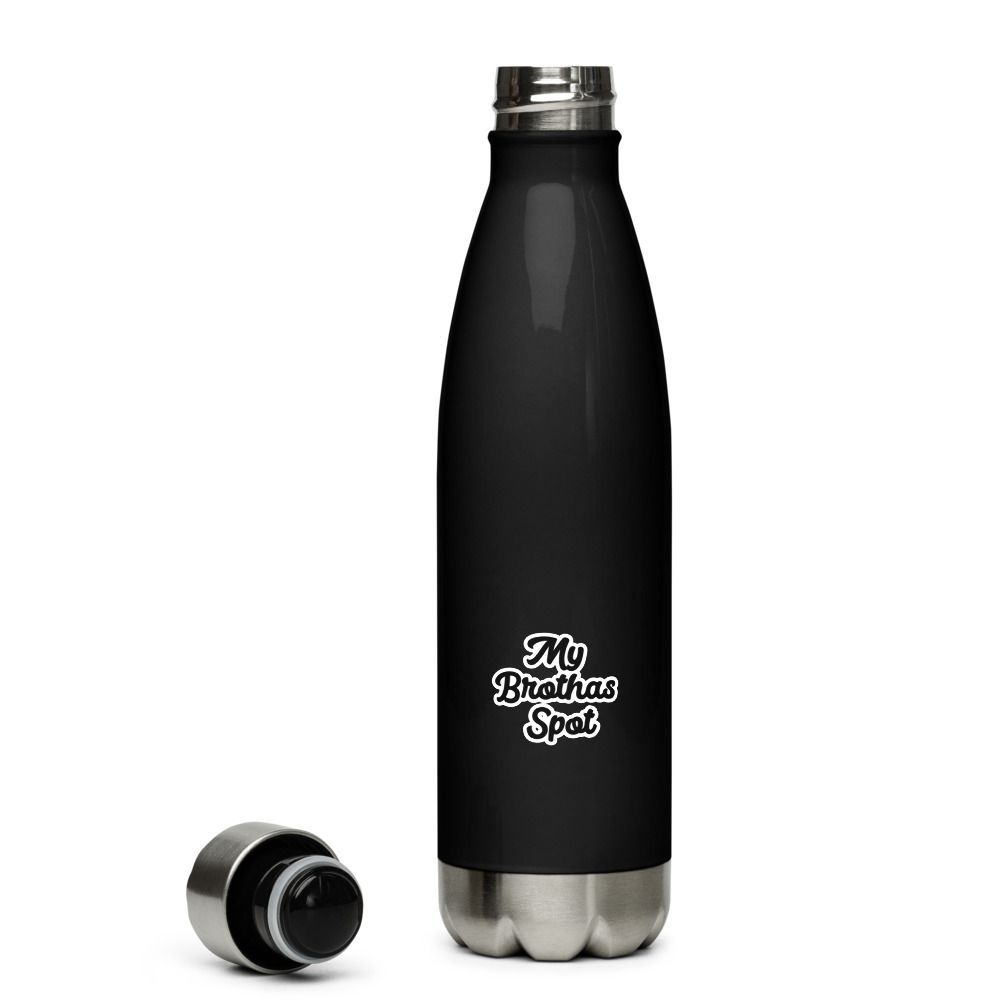 Black stainless steel water bottle on a wooden shelf with a logo on the front.