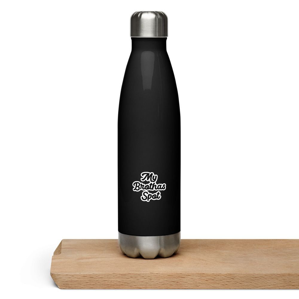 Black stainless steel water bottle on a wooden shelf with a logo on the front.