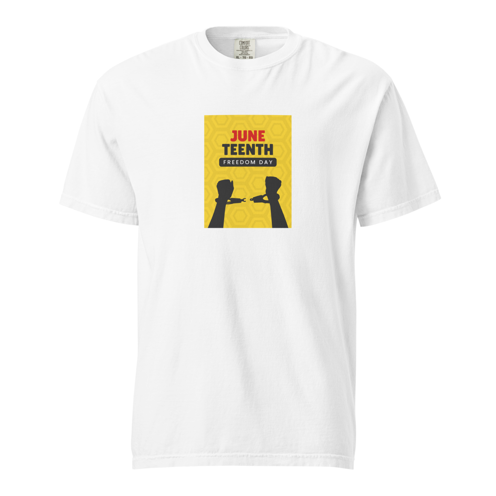 Man wearing a white T-shirt with a yellow graphic, standing and smiling on a white background