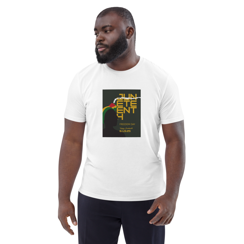 Man wearing a white graphic T-shirt with colorful text on a black square design.