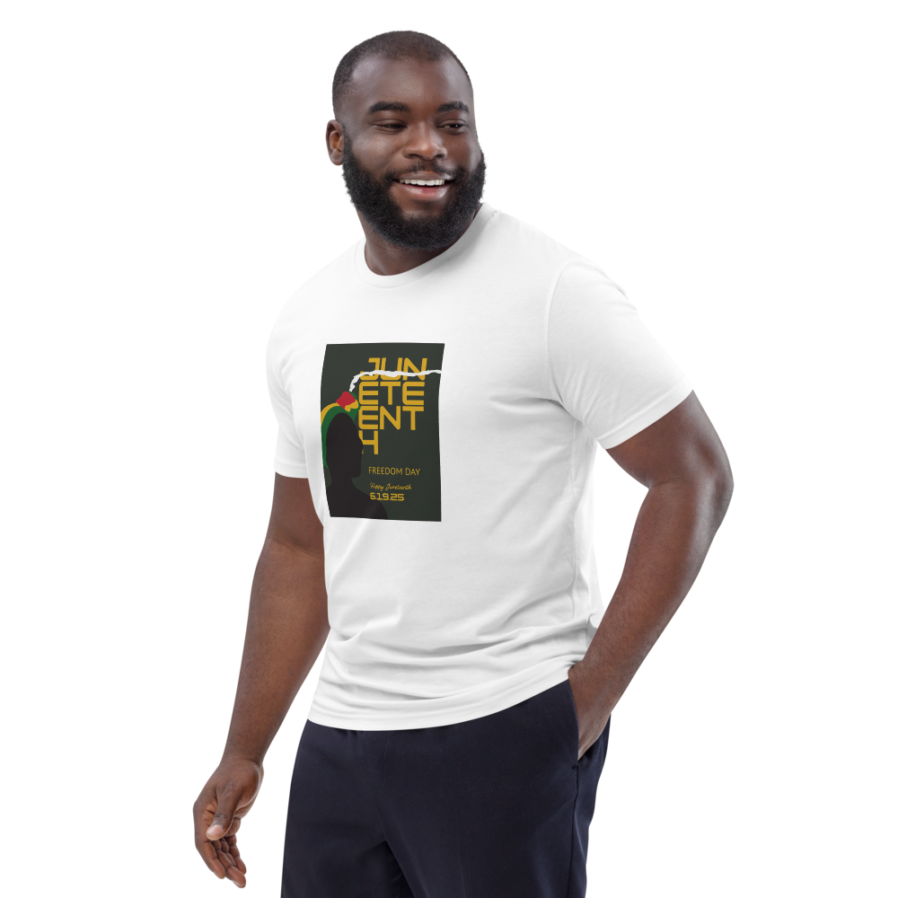 Man wearing a white graphic T-shirt with colorful text on a black square design.