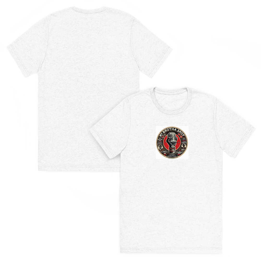 Woman wearing a white T-shirt with a circular logo and black pants, standing against a white background