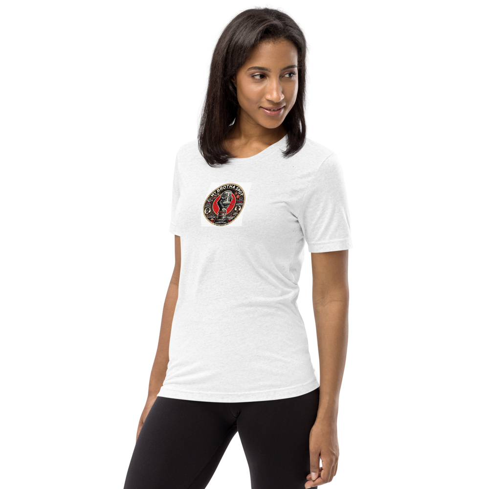 Woman wearing a white T-shirt with a circular logo and black pants, standing against a white background