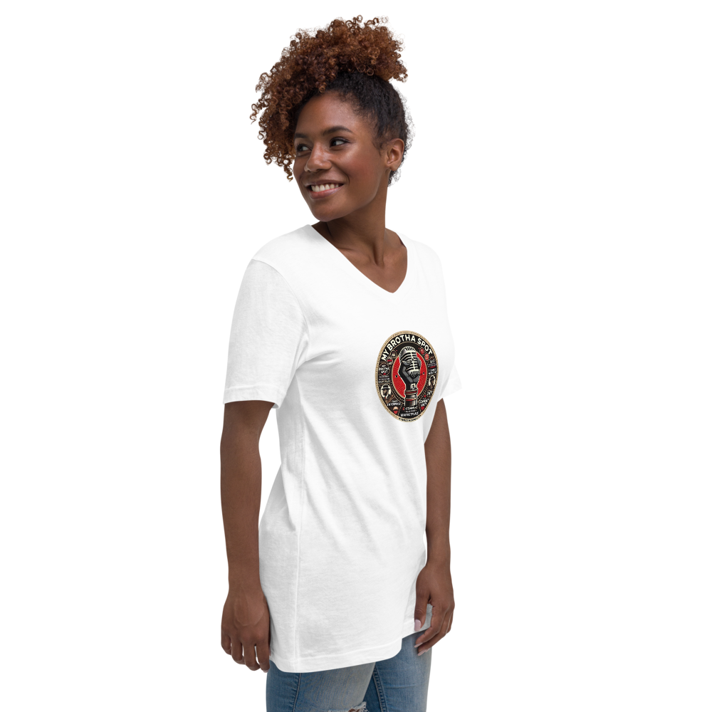 Person wearing a white V-neck T-shirt with a circular graphic, standing against a white background