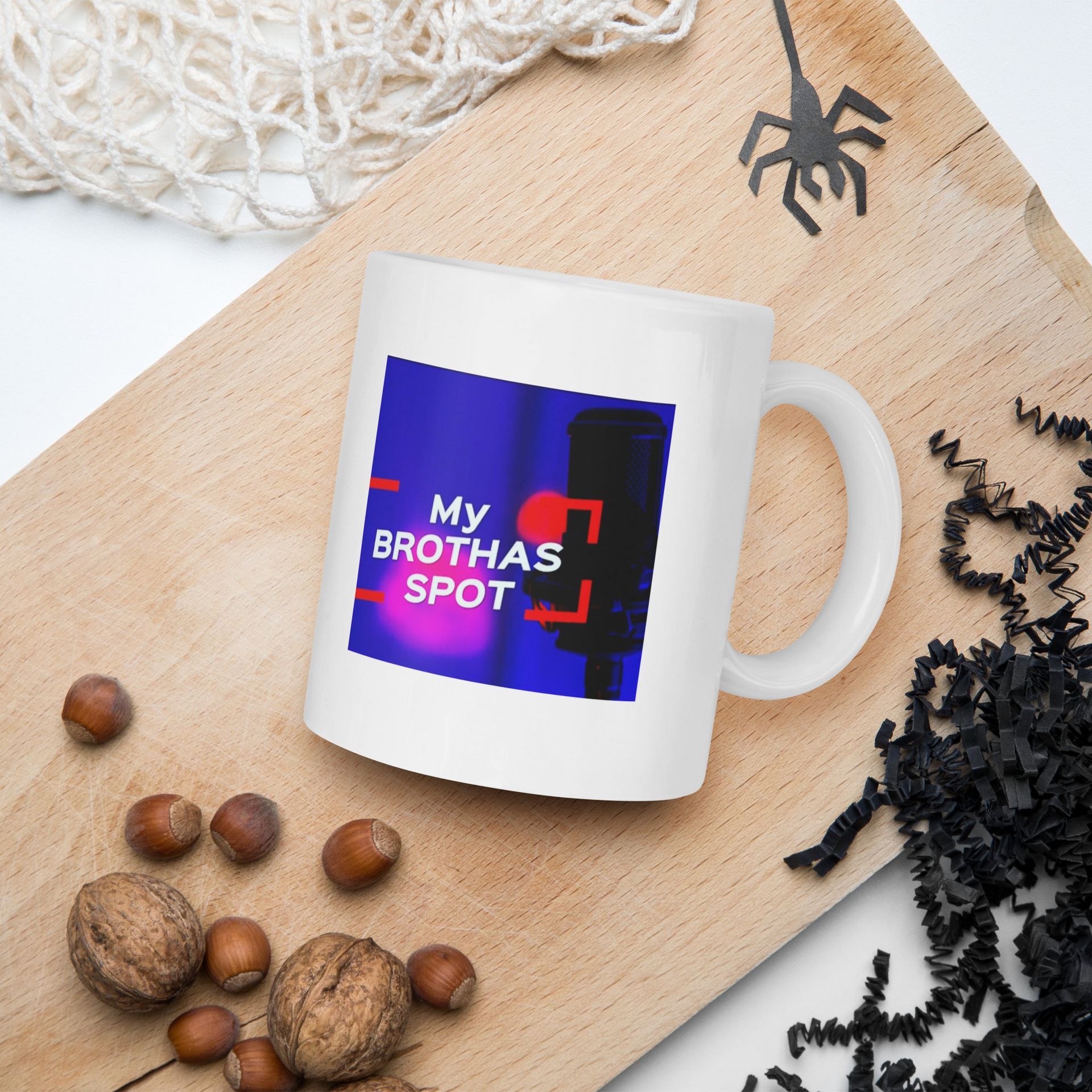 White mug with a purple-red graphic and the text “MY BROTHAS SPOT” on the front