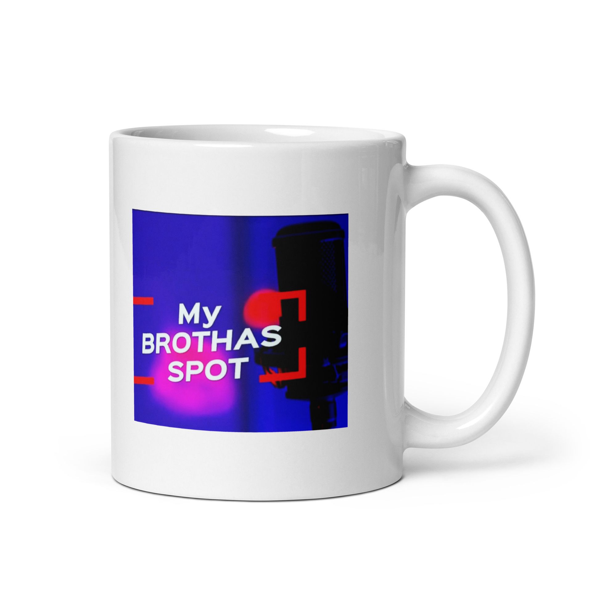 White mug with a purple-red graphic and the text “MY BROTHAS SPOT” on the front