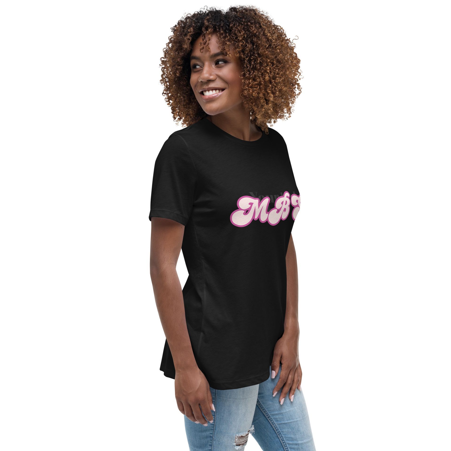 Woman in a black T-shirt and blue jeans, smiling in side profile against a white background