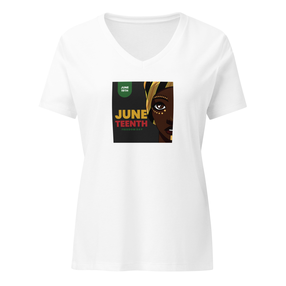 White V-neck T-shirt mockup with a small colorful graphic, styled with jeans and beige knitwear