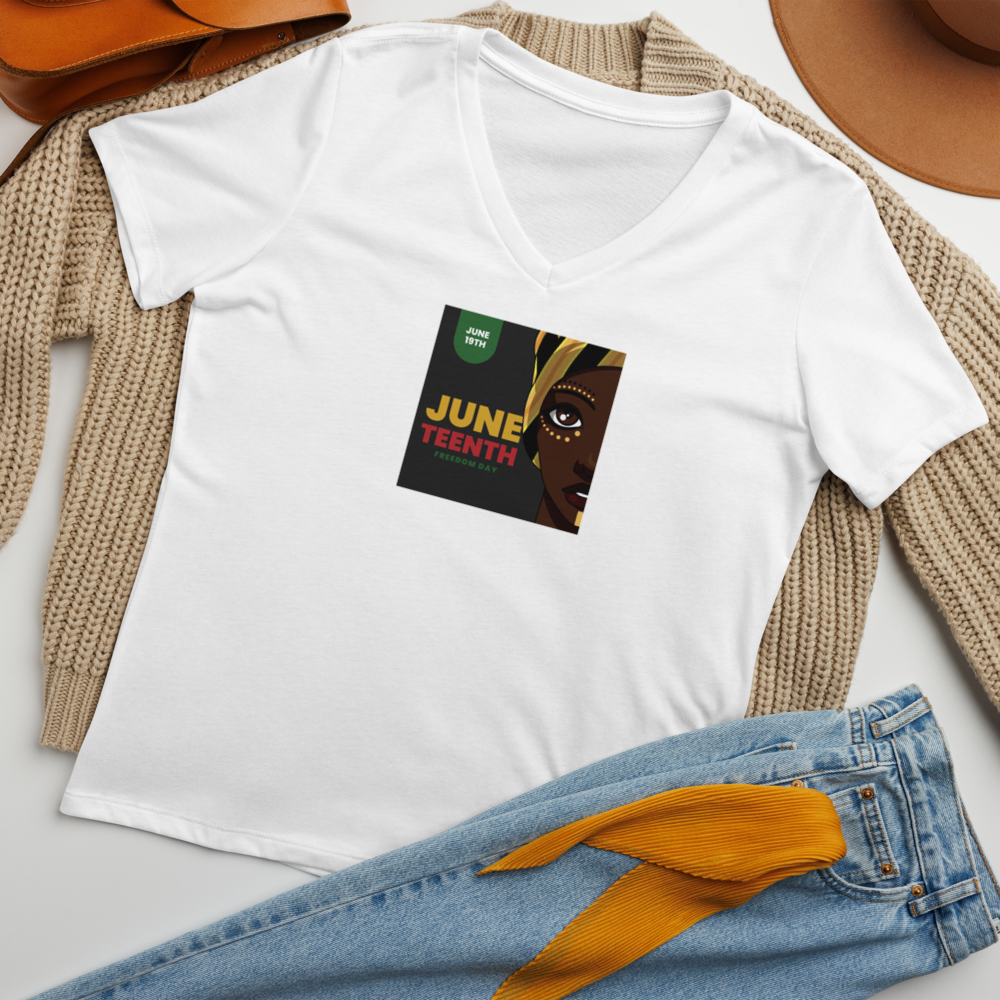 White V-neck T-shirt mockup with a small colorful graphic, styled with jeans and beige knitwear