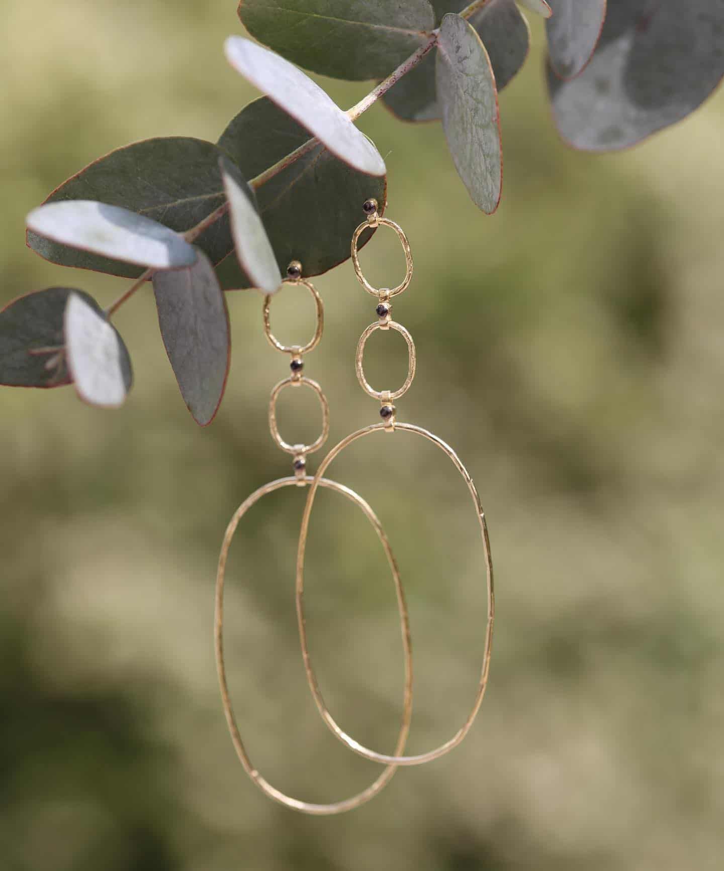 Boucles d'oreilles créoles en or suspendues à une branche feuillue.