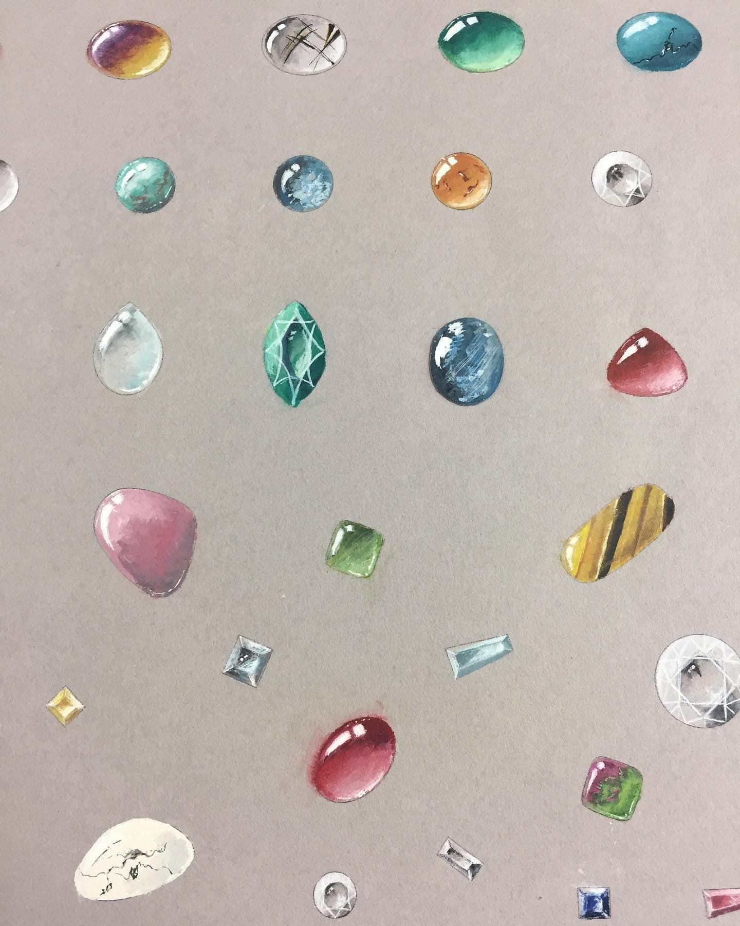 Assortiment d'illustrations de pierres précieuses colorées, comprenant des formes ovales, rondes et carrées, sur fond gris.
