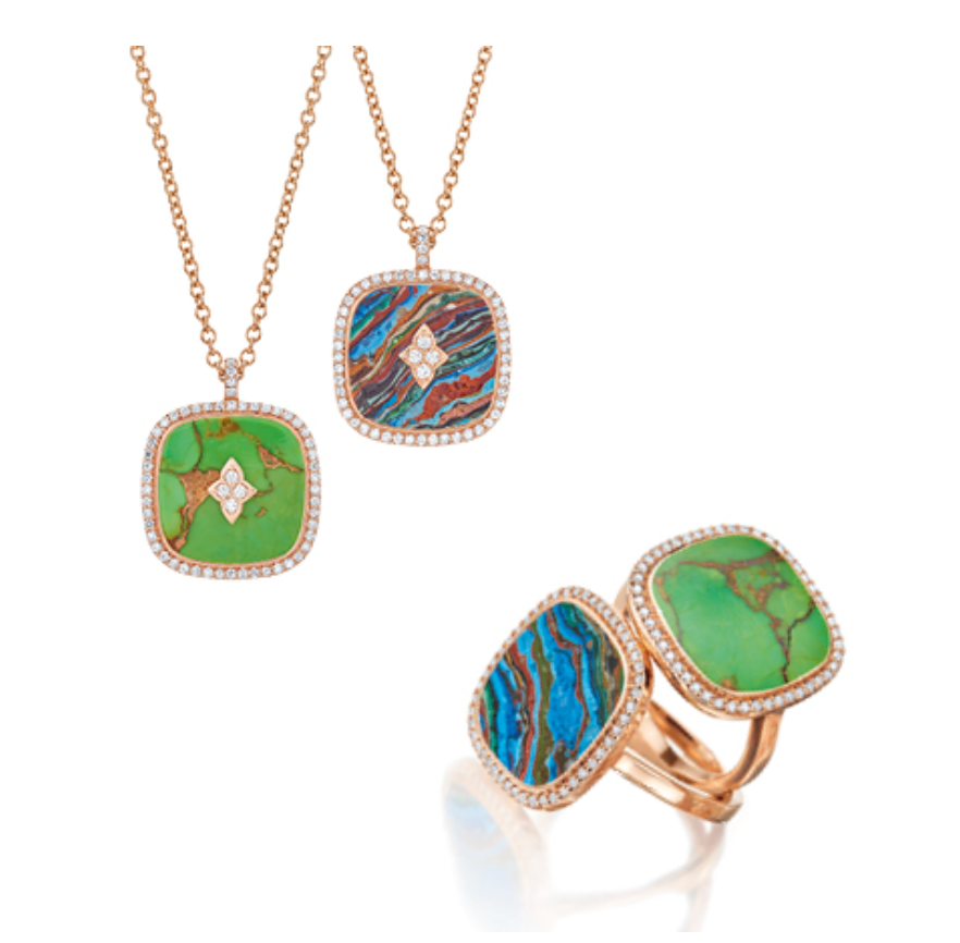 Ensemble de deux colliers et d'une bague en or rose, pierres turquoises et diamants.