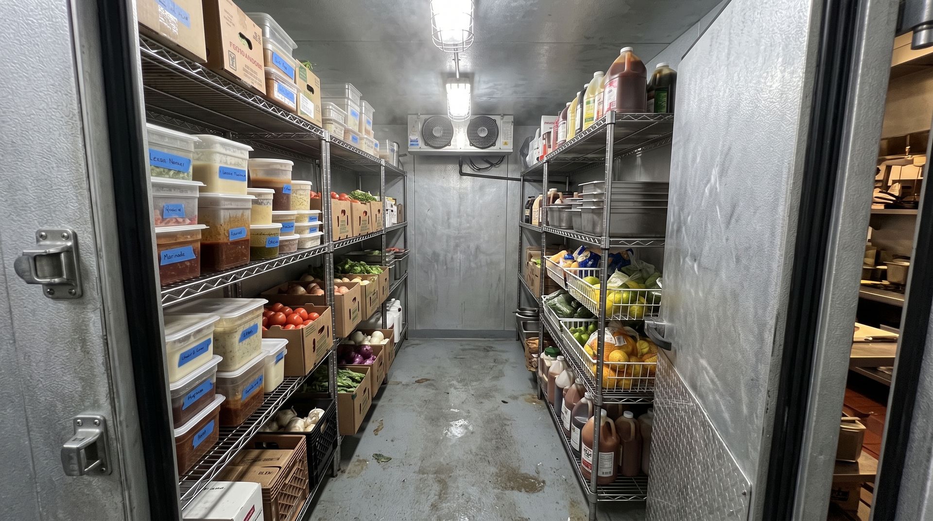 Narrow stockroom aisle with metal shelves packed with boxes, bins, and supplies on both sides.