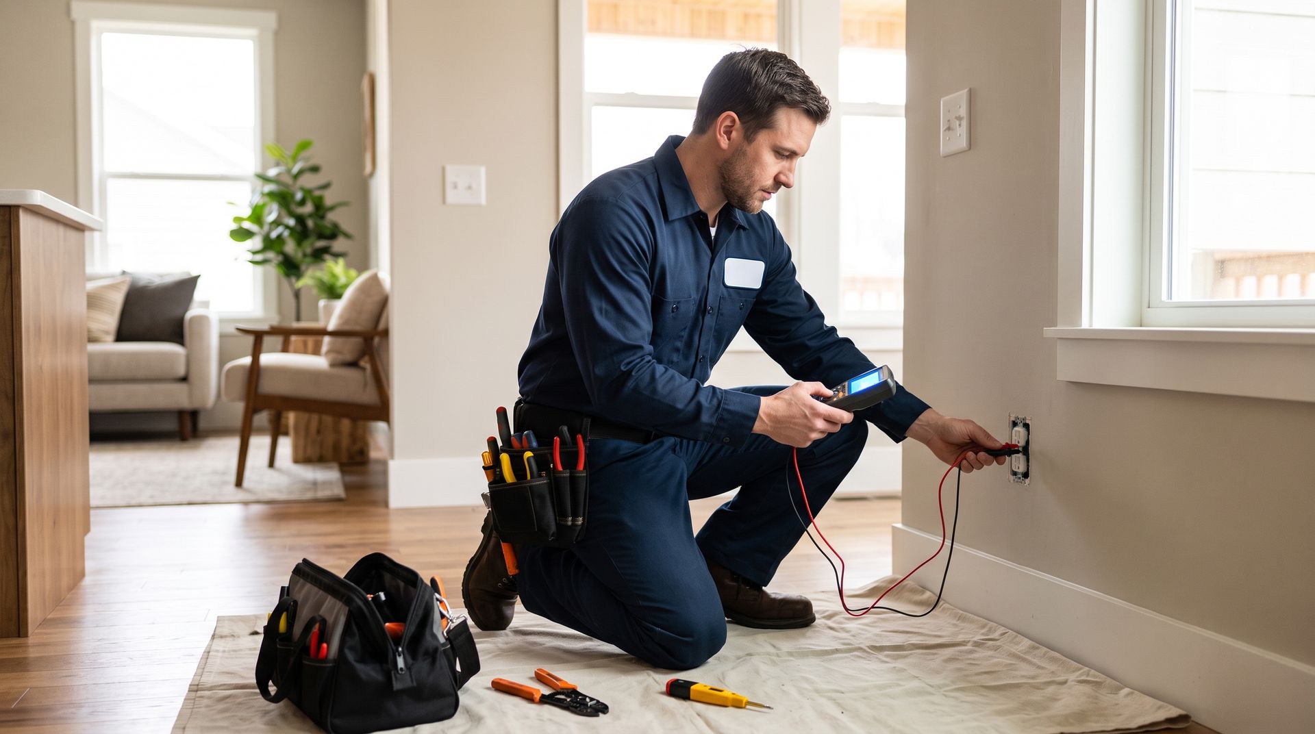 Electrician kneels by wall outlet, testing wiring with tools in a bright room.
