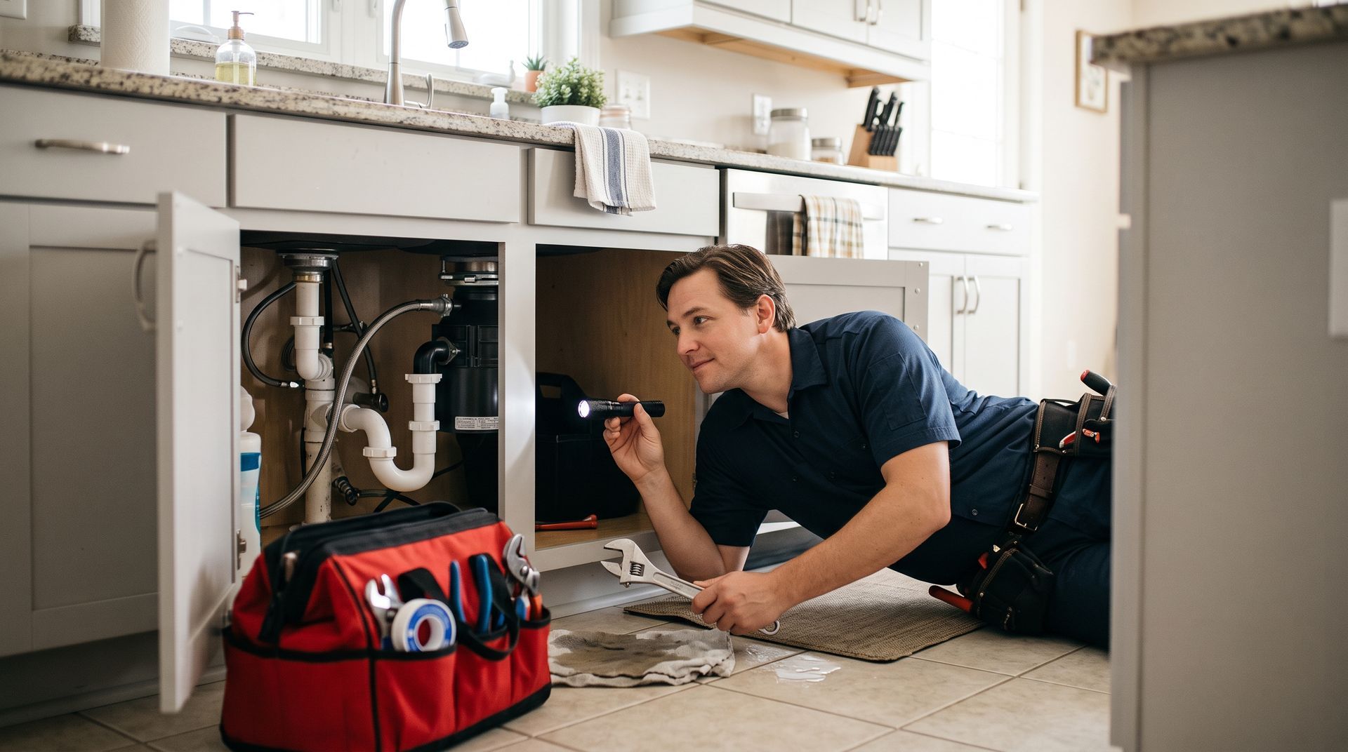 Plumber repairing pipes under a kitchen sink with tools in a red bag on the floor