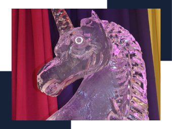 Transparent ice sculptured horse head sculpture lit purple, set against red curtains and a gold panel