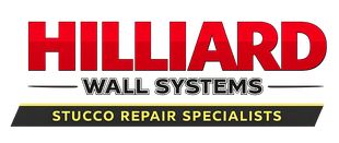 Hilliard Wall Systems logo with red roof, stone house graphic, and “Stucco Repair Specialists” text