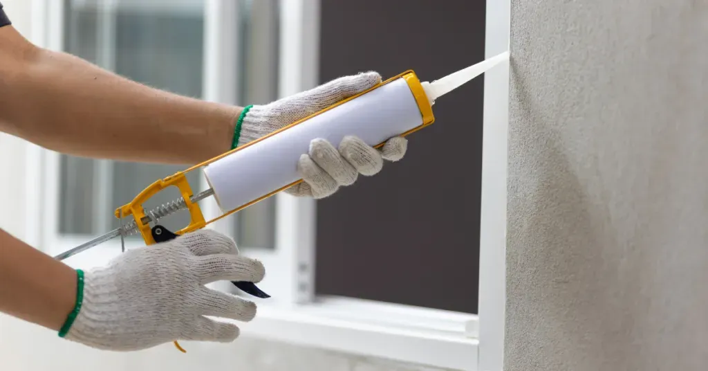 Gloved hands apply white caulk with a yellow caulking gun along a window frame