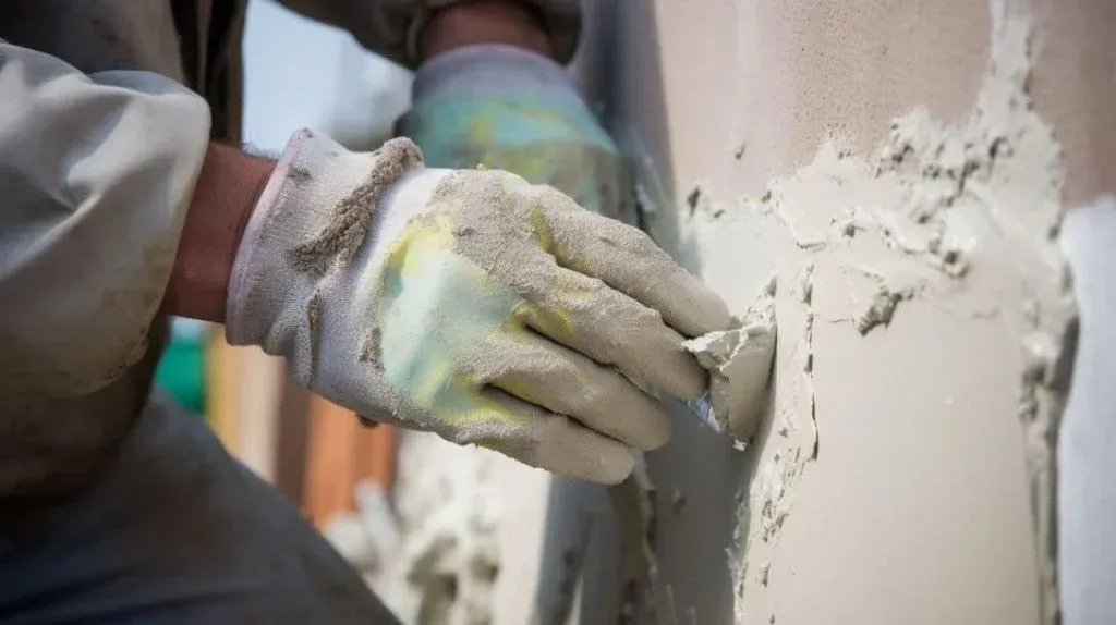 Gloved hand applying plaster to a wall with a trowel during repair work