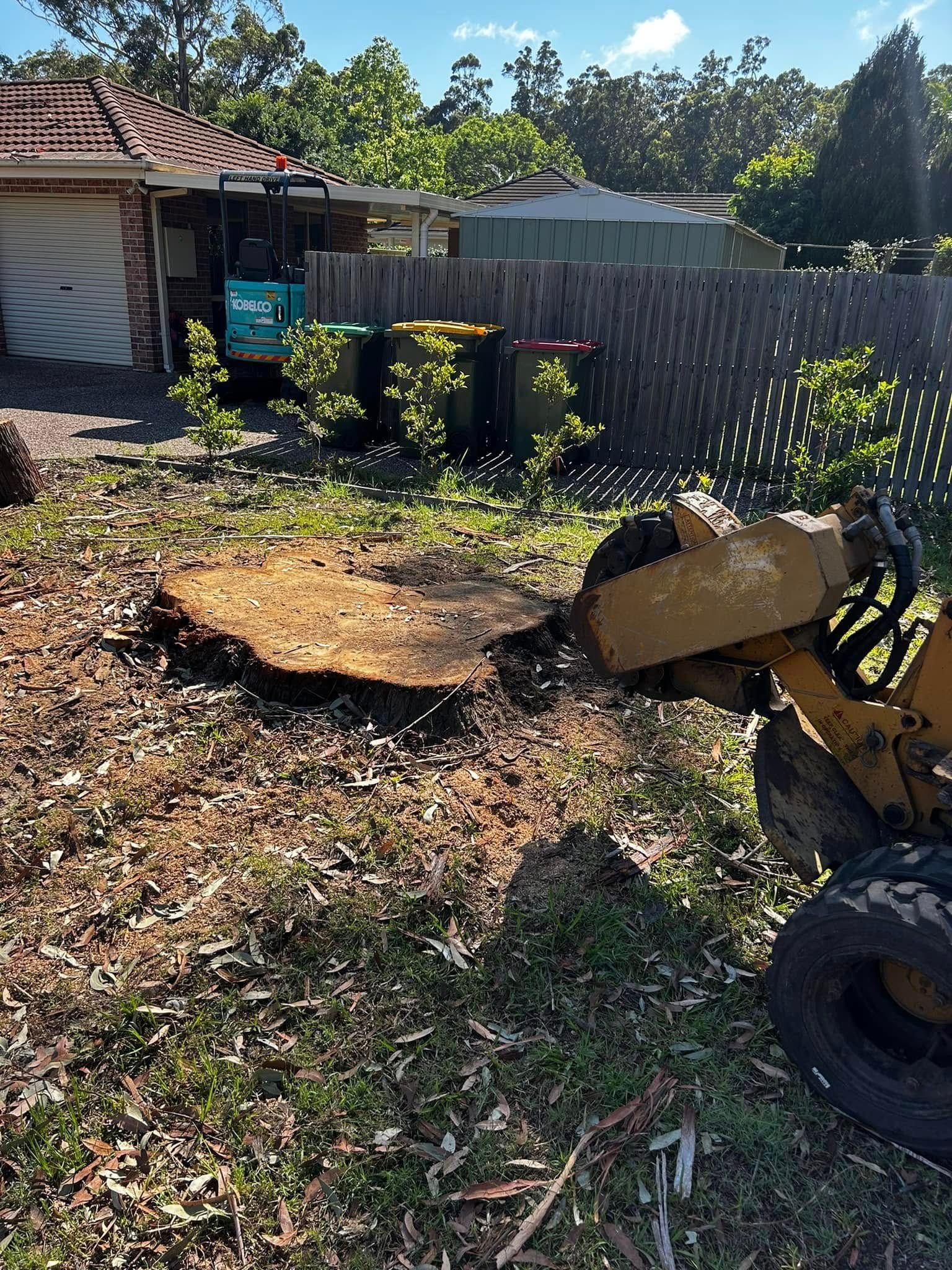 A Large Tree Stump is Sitting in the Middle of a Yard Next to a House — All One Arb Tree Service In Bonny Hills, NSW