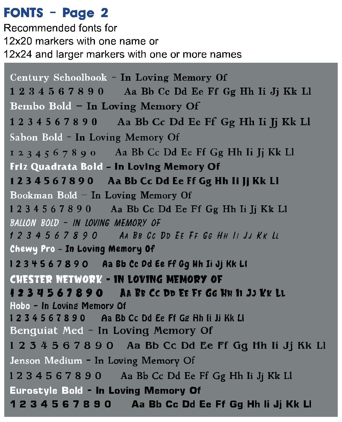 A list of different fonts including numbers and letters