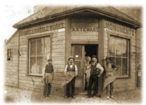 A group of men standing in front of a building that says monuments