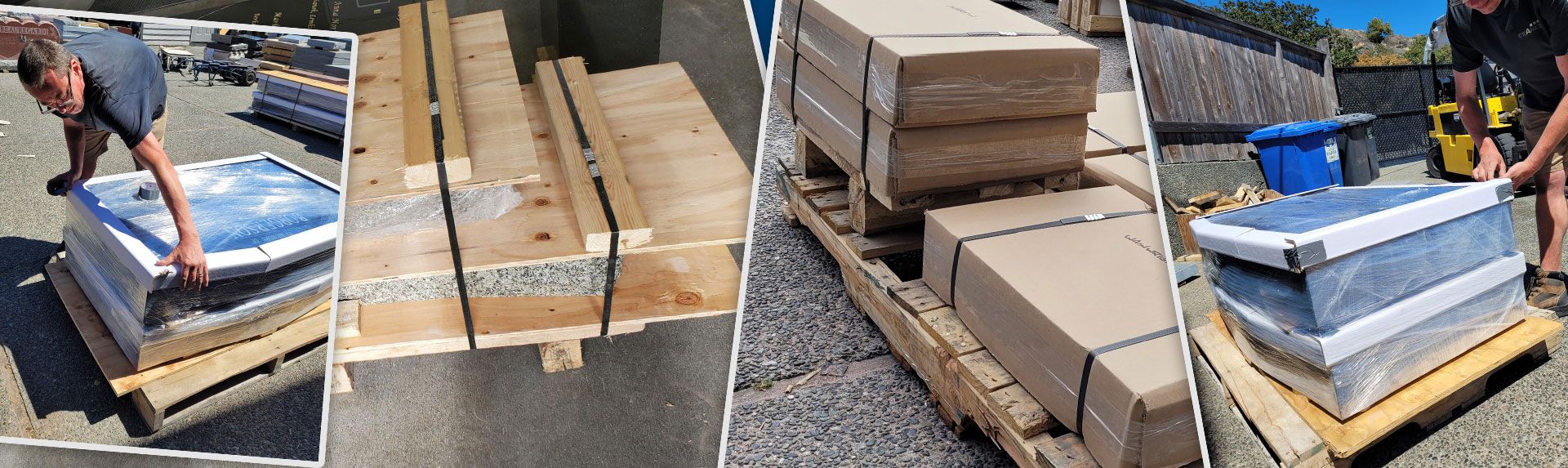 A collage of photos showing a man packing a tub on a wooden pallet.